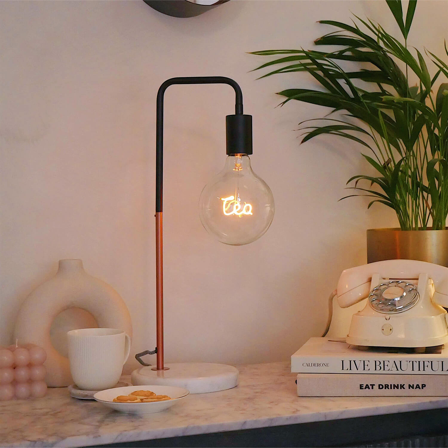 Tea Led Text Light Bulb & Marble Stone Desk Lamp