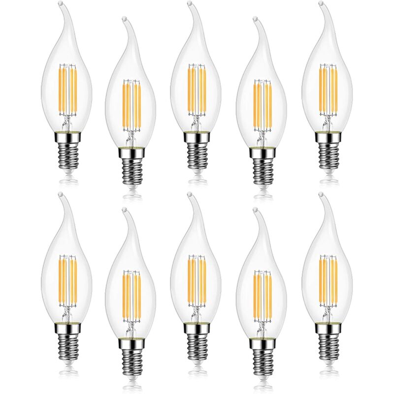 Pack of 10 4W led Filament Bulb E14 470LM Flame Candle 2700K Warm White, Non-Dimmable, 360° Beam Angle