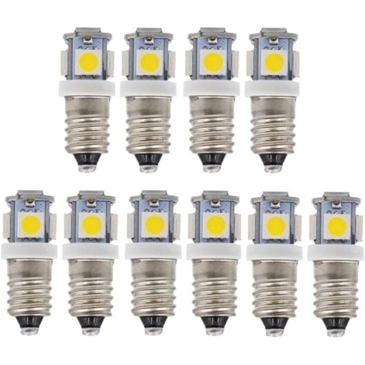 Pack of 10 E10 9V led Bulbs Cool White 5SMD 5W (Cool White, 9V)