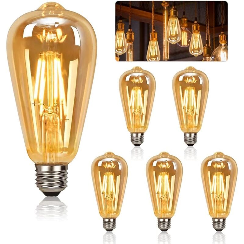 Vintage E27 Light Bulb, 6 Pieces led Light Bulb E27 ST64 Decorative Lamp Retro Edison Light Bulb Vintage Antique Lamp 4W Warm White Filament for
