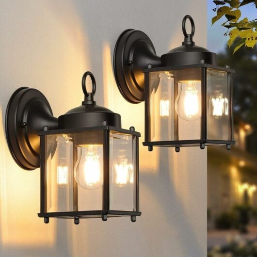 Linghhang - 2 Pack Outdoor Wall Sconces, Waterproof Front Door Wall Light, Black with Clear Beveled Glass Shade, Rust Resistant, E26 Garage Door