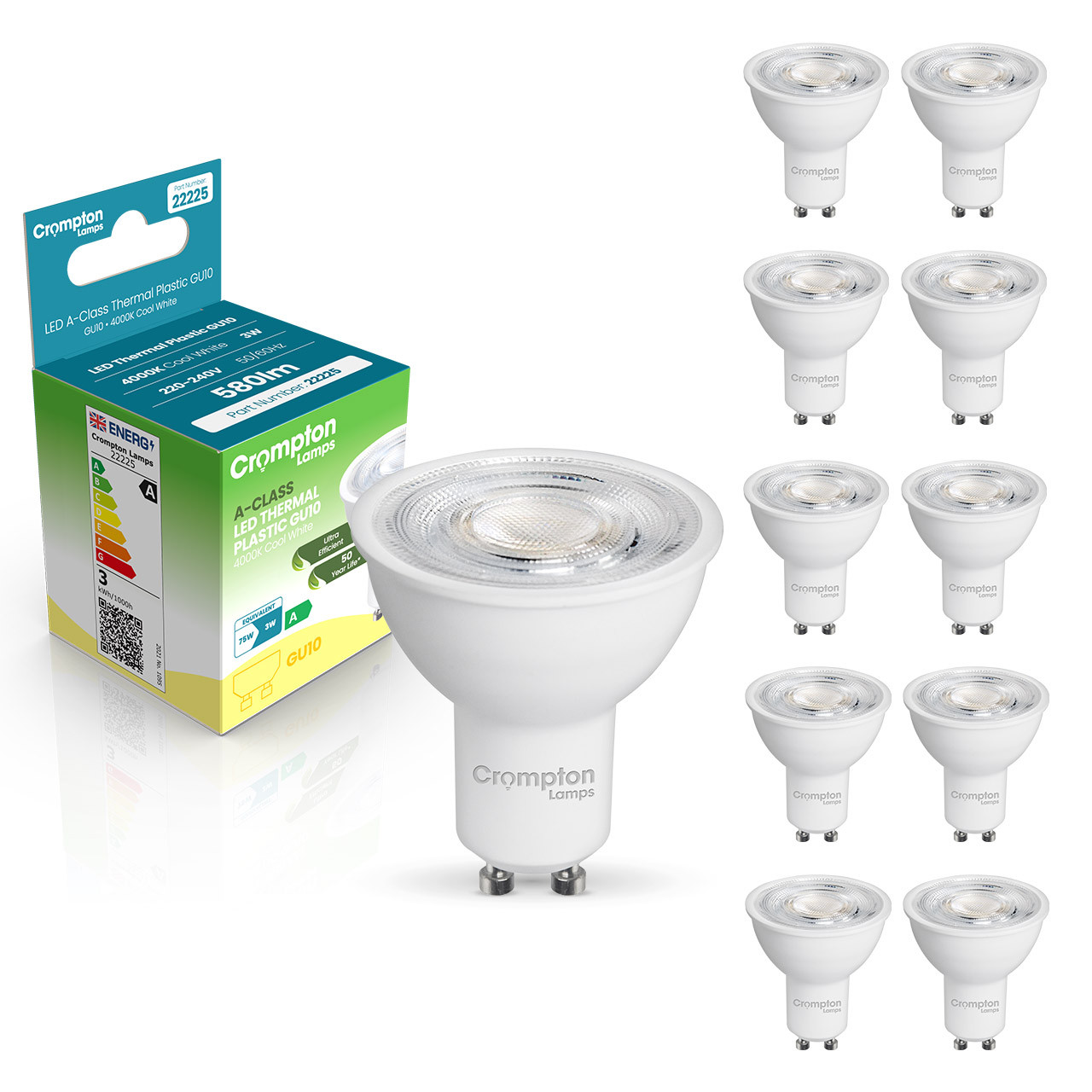 Crompton GU10 Spotlight LED Bulb Ultra-Efficient 3W (75W Eqv) Cool White 10-Pack A-Class 36°