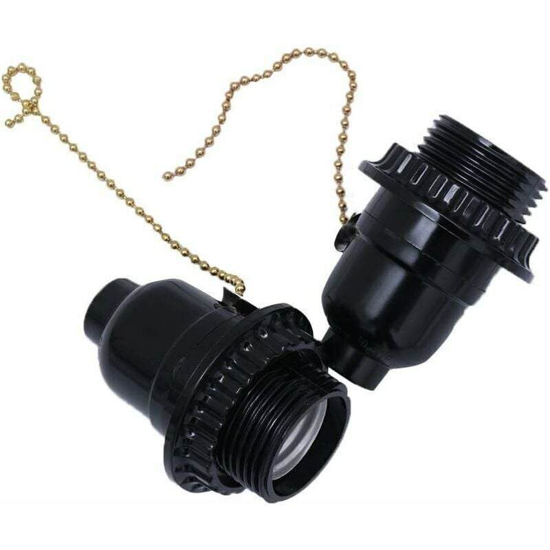 2pcs E27 Light Sockets Lamp Holder Base Adapter Power Socket Pull Switch (Black)
