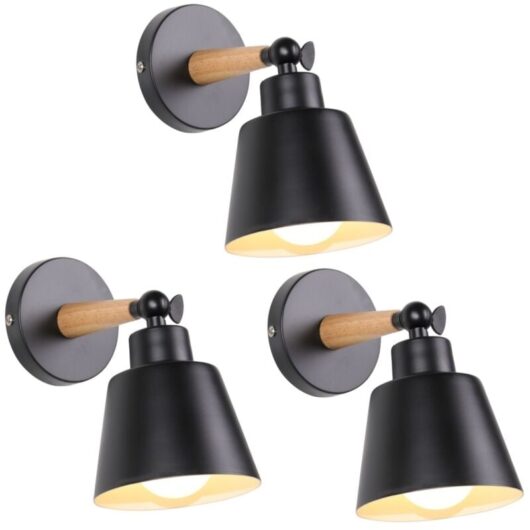 3-pack Modern Wall Light Fixture Wooden Metal Wall Lamp Adjustable Interior Wall Sconce Black Ø12cm