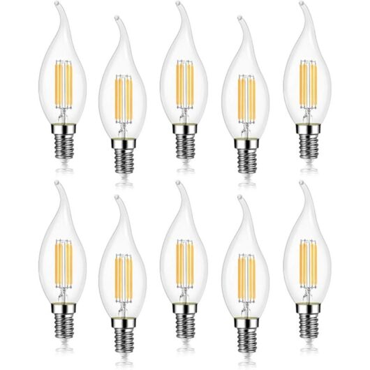 10 Pack 4W E14 470LM Candle Flame LED Filament Bulbs, Cool White 6000K, Non-Dimmable, 360° Beam Angle