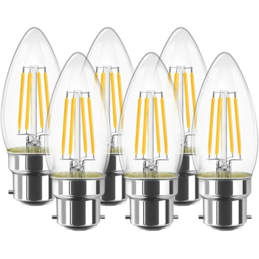 4W C35 B22 LED Filament Bulb - Candle Light Bulb - Warm White 2700K, 470lm 80Ra - Non-Dimmable (Pack of 6)