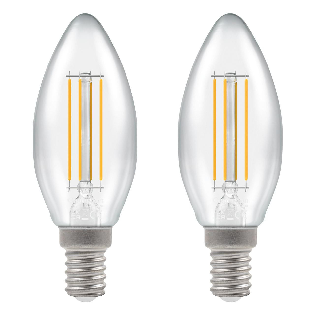 Crompton LED Candle Light Bulbs E14 4.2W Dim Filament Warm White 2700K Small Screw Clear (2 Pack)