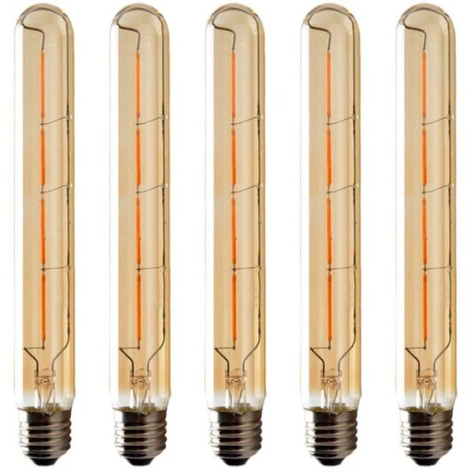 Pack T225 Long Tube Light Bulbs, 6W E27 Edison LED Filament Bulb, Warm White, Amber Glass for Decorative Light Bulb, AC 220-240V
