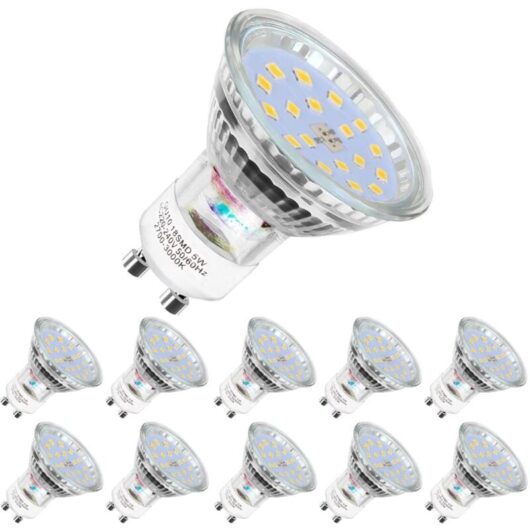 Pack of 10 LED bulbs, GU10-5W equivalent to 60W, cool white 6000K, 120° wide beam, LED spot bulbs
