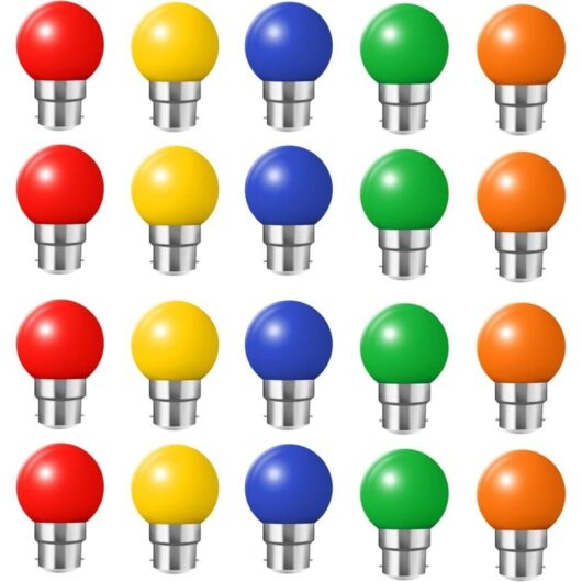 Pack of 20 B22 Bayonet 2W LED Coloured Bulbs, Red, Yellow, Orange