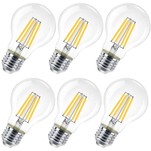 Pack of 6 E27 LED bulbs, 8W (equivalent to 80W), clear, non-dimmable, warm white 3000K, model A60