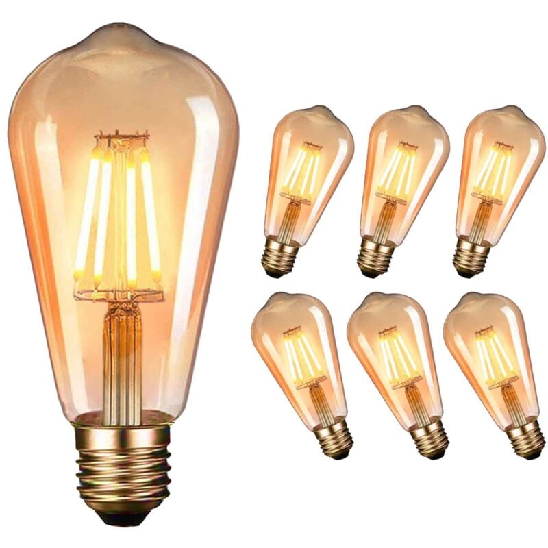 Retro LED Edison Bulb, ST64 Amber Bulb, E27 4W Retro Light Bulb, Warm Color-2200K, Retro Edison Lights, 6 Pack