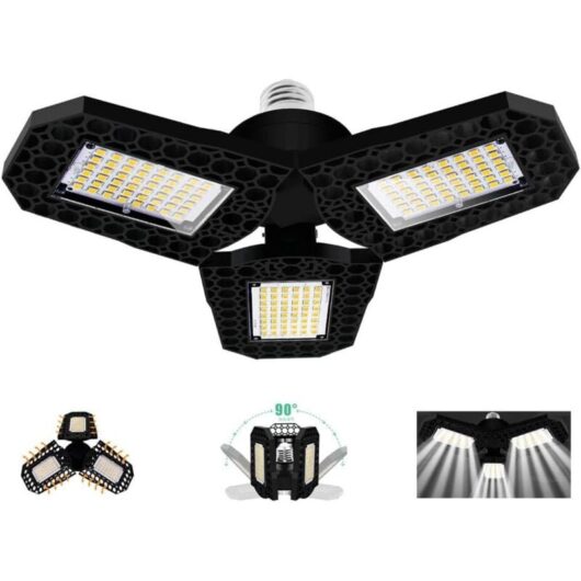 60W LED Garage Light, E27 Deformable Ceiling Bulb with 3 Adjustable Panels, Cool White, for Garage Workshop Warehouse Basement Hallway Stadium