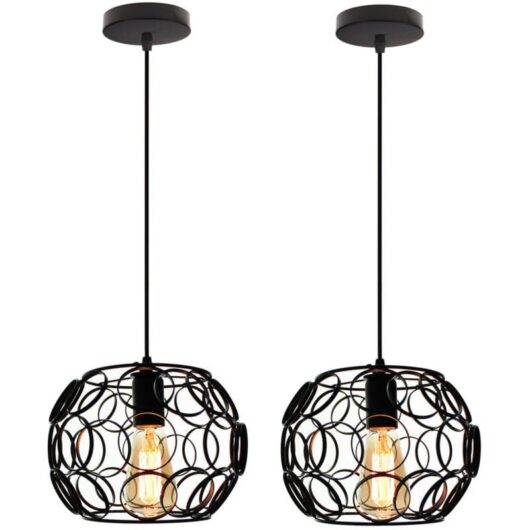 2PCS Round Cage Pendant Light Iron Metal Ceiling Light Industrial Vintage Retro Ceiling Lamp For Club Bar Cafe Black