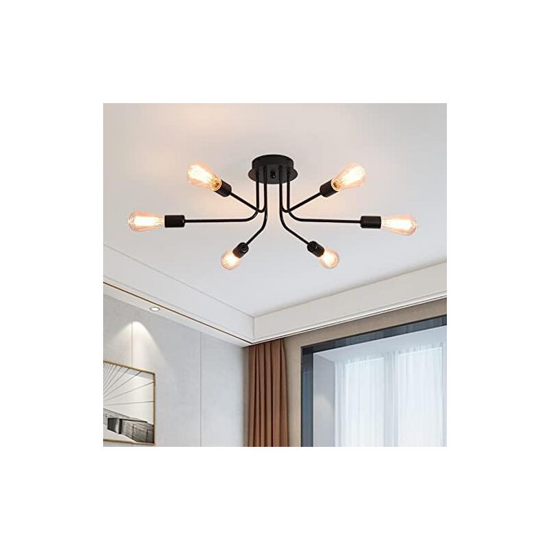 Modern Sputnik Ceiling Light, 6 Lights Rustic Black Semi Flush Mount Chandeliers, Industrial E27 Base Ceiling Lamp Fixture for Farmhouse Living Room