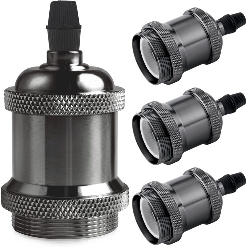 4PCS E27 Vintage Solid Aluminum and Ceramic Lamp Holder, Socket Adapter for Edison Screw Bulbs, DIY Wall, Tabletop or Ceiling Mount, Black