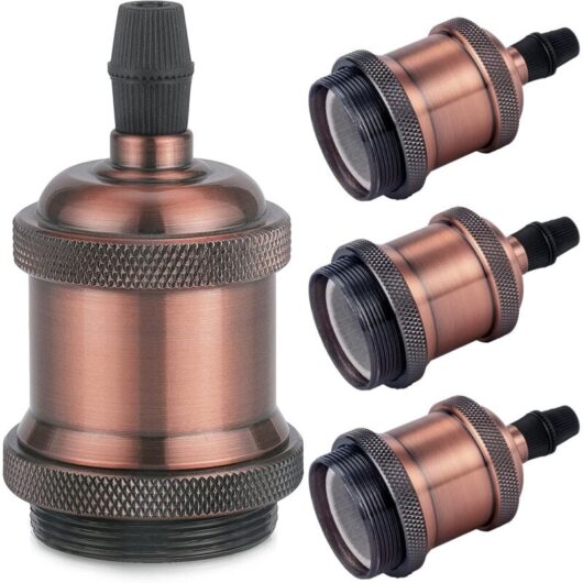 4PCS E27 Vintage Solid Aluminum and Ceramic Lamp Holder, Socket Adapter for Edison Screw Bulbs, DIY Wall, Tabletop or Ceiling Mount, Copper Red