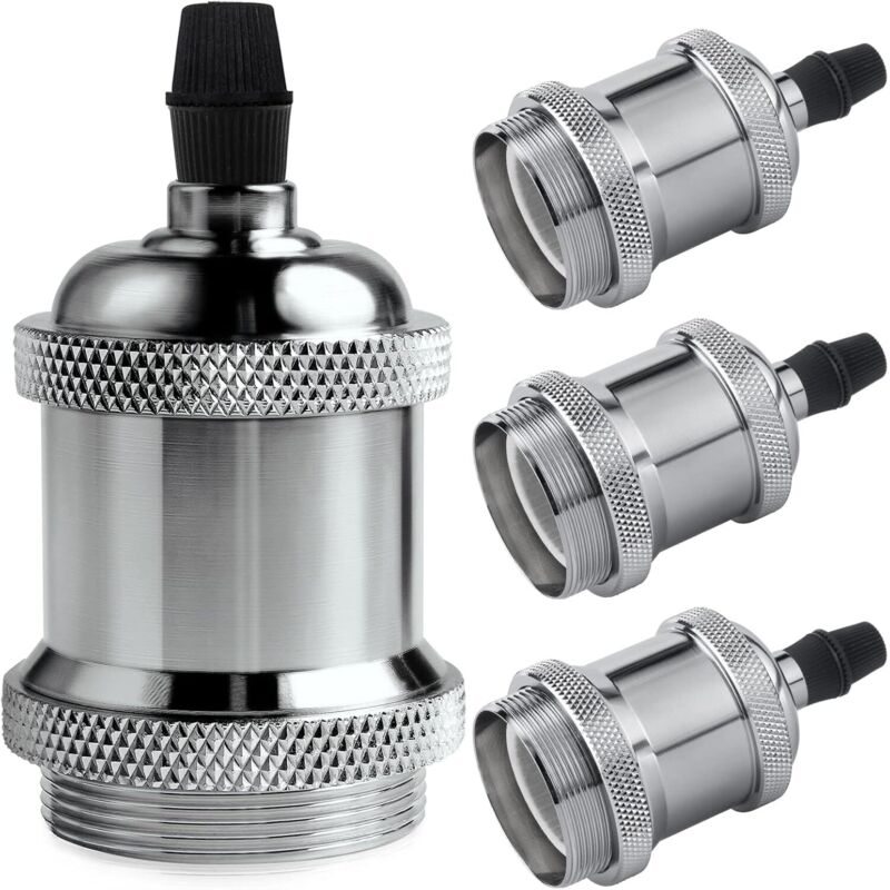 4PCS E27 Vintage Solid Aluminum and Ceramic Lamp Holder, Socket Adapter for Edison Screw Bulbs, DIY Wall, Tabletop or Ceiling Mount, Silver