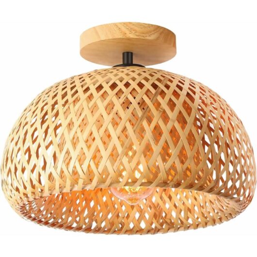 Bamboo Ceiling Light, Semi-Flushmount Wicker Ceiling Light, Handmade Boho Rattan Ceiling Light Fixture