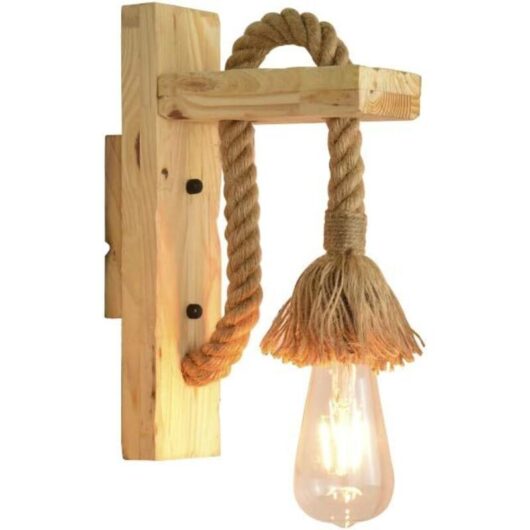 Industrial LED Wall Sconce, Decorative Wooden Hemp Rope Wall Lamp for Cafe, Hotel, Restaurant, E27 Edison Base Light Bulb (Light Not Included)