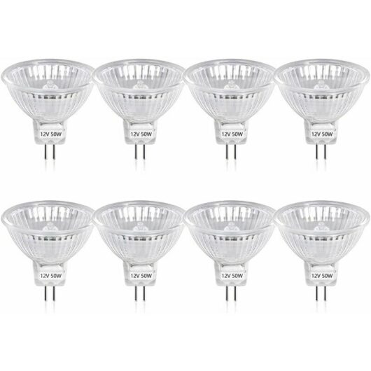 Dewdat - 50W GU5.3 MR16 Dimmable Halogen Bulb, dc 12V Low Voltage 2 Pin Base Spotlight Reflector Light Bulbs, 800 Lumen, Warm White 2800K(8-PCS)