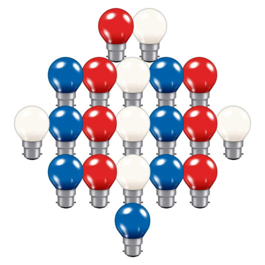 Crompton 15W Festoon Golfball Light Bulbs B22 Dim Red, White and Blue Round Bayonet Coloured (20 Pack)