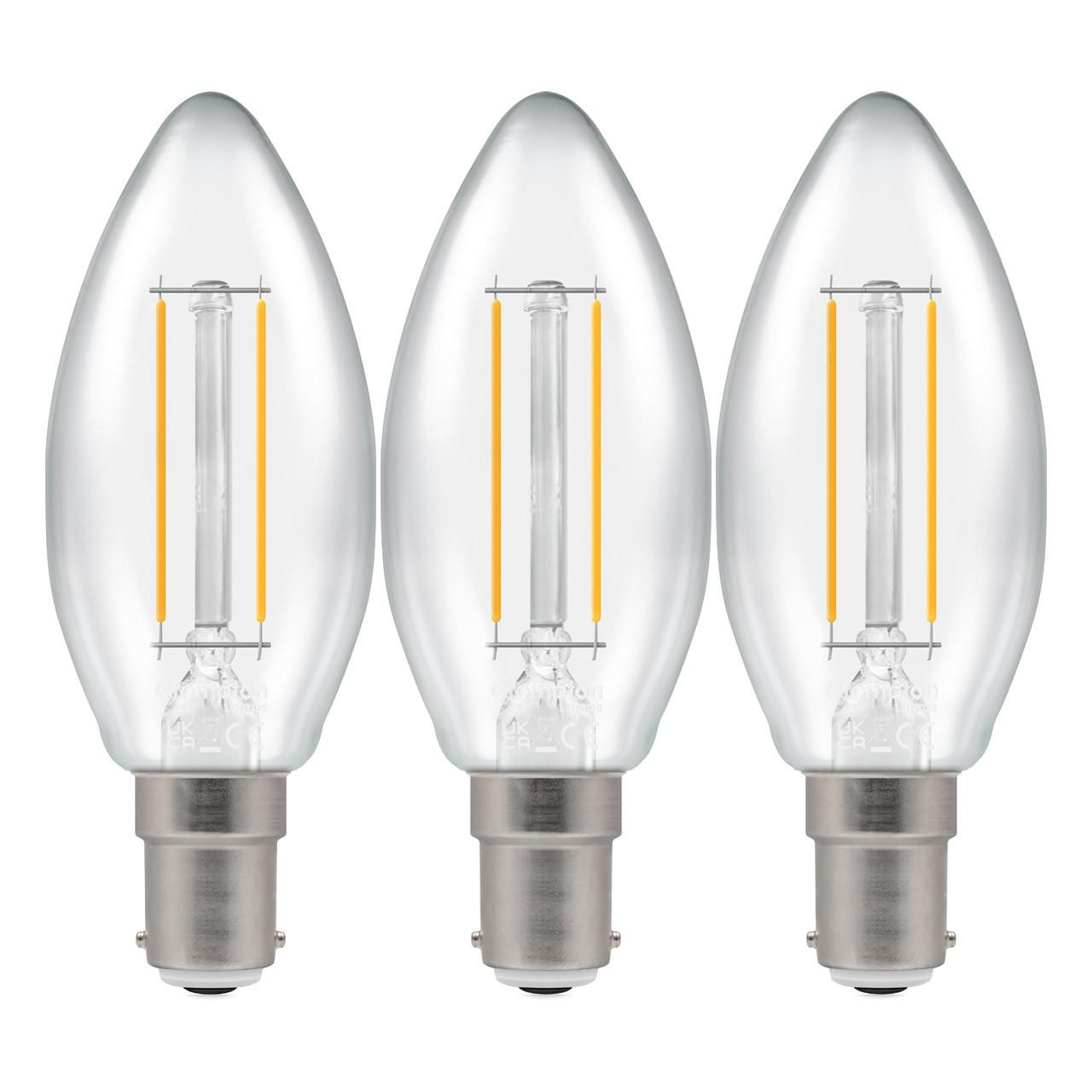 Crompton LED Candle Light Bulbs B15 2.2W Filament Cool White 4000K Small Bayonet Clear (3 Pack)