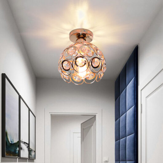 Crystal Ceiling Light, Vintage Industrial Metal Ceiling Lamp, Chandelier with Ø20cm Cage Lampshade for Living Room Hallway (Rose Gold)