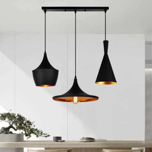 Geometric Artistic Chandelier Pendant Light 3 Lights E27 Industrial Lamp with Long Base Ceiling Light for Kitchen Living Room Bedroom Black and Gold