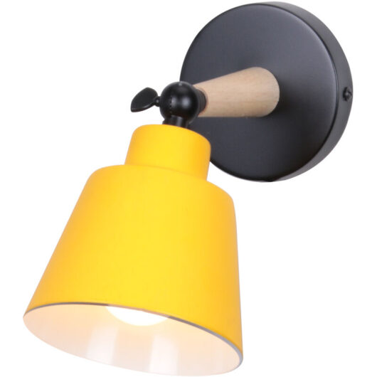 Wall Light, Modern Wooden Wall Lamp with Adjustable Arm, Simple Wall Sconce Fixture with Metal Lampshade for Bedroom Living Room (Yellow)