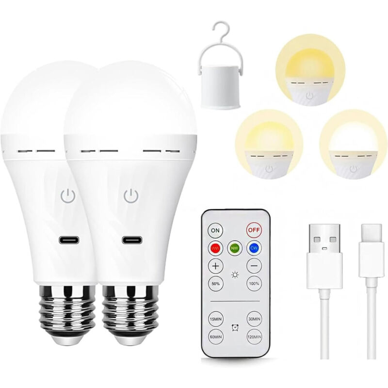 2 LED E27 USB-C Rechargeable Bulbs - 5W - 2200 mAh - Tricolor Light - Remote - Convenient Timer