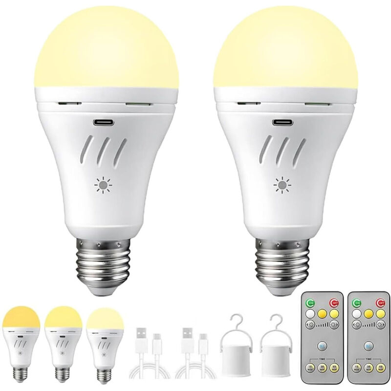 2 Rechargeable LED E27 Bulbs - 2200 mAh - Three Brightness Levels - 3000/4000/6000K - Remote - Timer - Versatile Emergency Light
