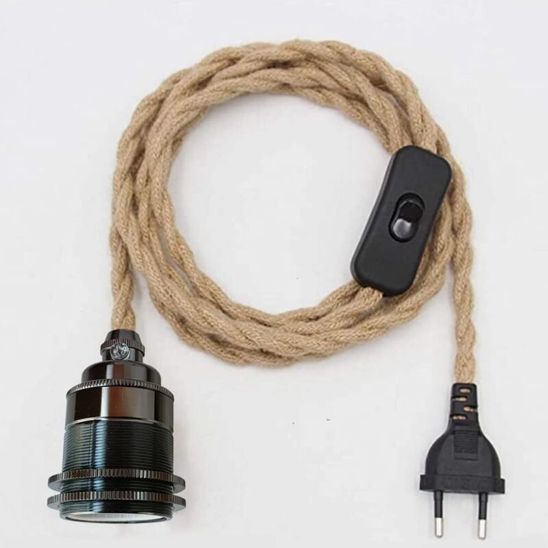 2M Vintage E27 Lamp Socket with Cable and Switch, Hanging Hemp Rope Chandelier, DIY Pendant Light, Creative Industrial Hanging Lamp, Black