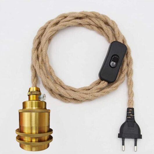 2M Vintage E27 Lamp Socket with Cable and Switch, Hanging Hemp Rope Chandelier, DIY Pendant Light, Creative Industrial Hanging Lamp, Gold
