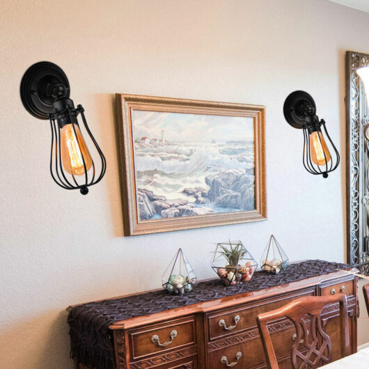 2pcs Vintage Wall Lighting Fitting, Retro Industrial Wall Lamp with Adjustable Arm, Wire Metal Cage Wall Sconces Fixture (Black)