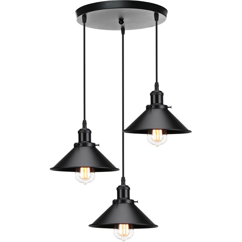 3 Lights Pendant Light, Industrial Metal Hanging Ceiling Lamp, Vintage Retro Chandelier with Lampshade for Kitchen Island (Black)