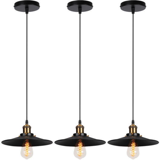 3X Pendant Light with Lamp Shade, Vintage Metal Hanging Ceiling Lamp, Retro Minimalist Chandelier for Kitchen Island Restaurant (Black/Ø22cm)