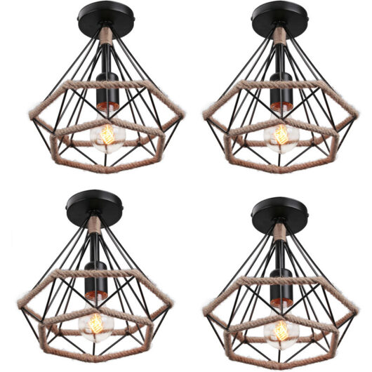 Axhup - 4pcs Industrial Pendant Light Retro Hemp Rope Chandelier with Metal Cage Vintage Ø25cm Dimaond Hanging Ceiling Lamp