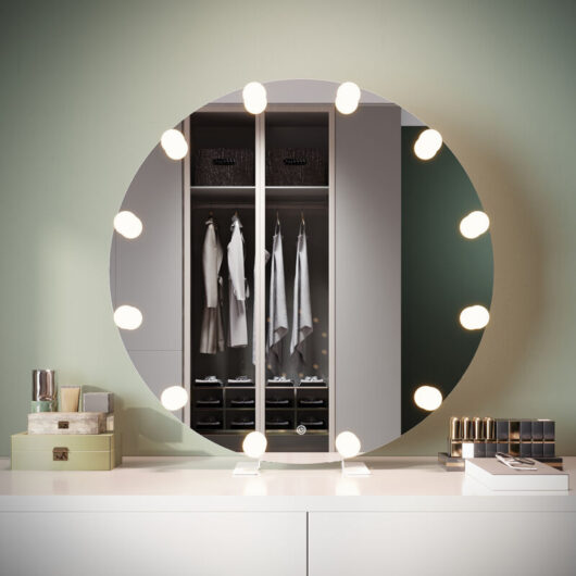 Elegant - Modern Freestanding Mirrors with Memory Function Dimmable led 3 Lighting Modes and 16 Removable Light Bulbs, Touch Switch and Built-In