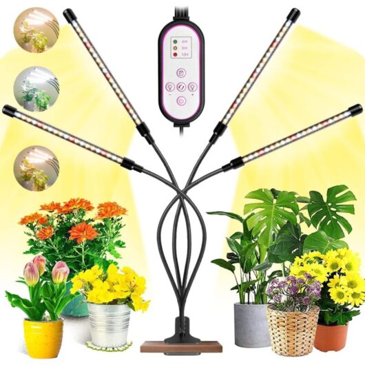 Grow lights for indoor plants, 80 full-spectrum LEDs, 10 dimming levels and 4 grow lights with a timer, red/white