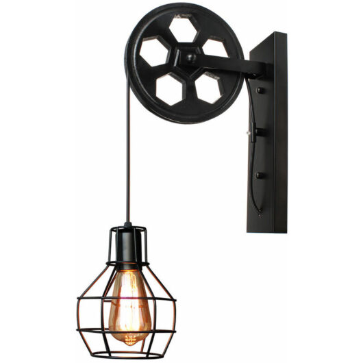 Industrial Wall Light Fixture Vintage Retro Pulley Wall Lamp Creative Metal Iron Wall Sconce E27 for Bedside Living Room Indoor Outdoor (Black)