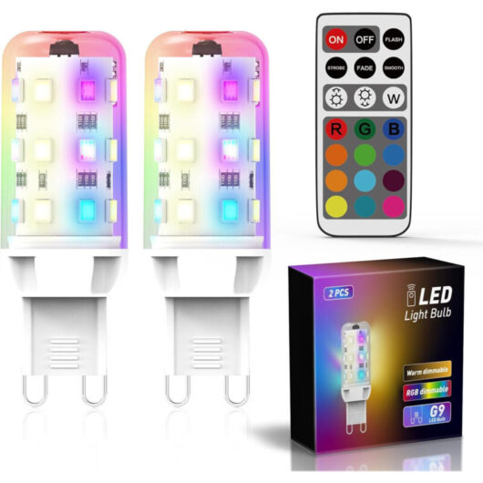 Pack of 2 G9 RGB LED Bulbs - 2.5W Dimmable - 200 Lumens - Equivalent to 20W Halogen - 3000K Warm Light - With Remote Control