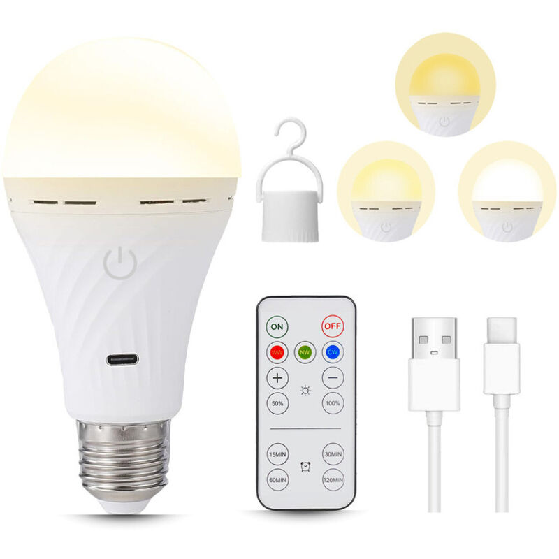 Rechargeable LED E27 Bulb USB-C - 1 unit - 5W - 2200 mAh - Three Colors - Remote - Timer