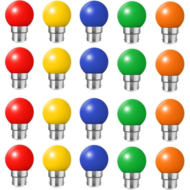 Set of 20 colored LED bulbs, B22 bayonet bulbs, 2 W, red, yellow, orange