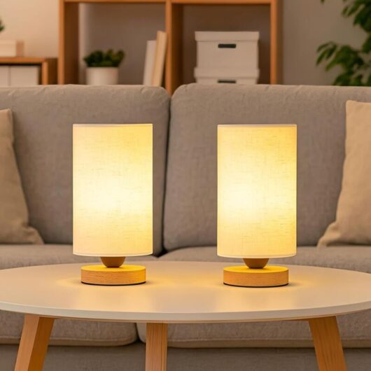 Youyijia Round Table Lamp for Bedroom Set of 2 Small Minimalist Bedside Lamp with Fabric Shade, Classic Switch and Wooden Base (Warm Light Bulb