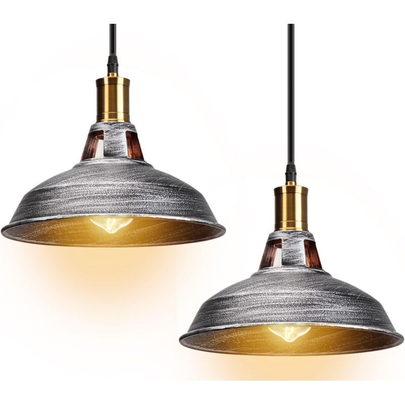 2 Pack Pendant Light Industrial Light Shade E27 Metal Hanging Lights for Bedroom Living Room Lounge Hall (Silver)