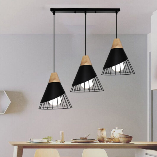 3 Lights Industrial Pendant Ceiling Light in Badminton Shape Ø25cm Chandelier in Metal and Wood E27 Lighting Fixture for Dining Room Living Room