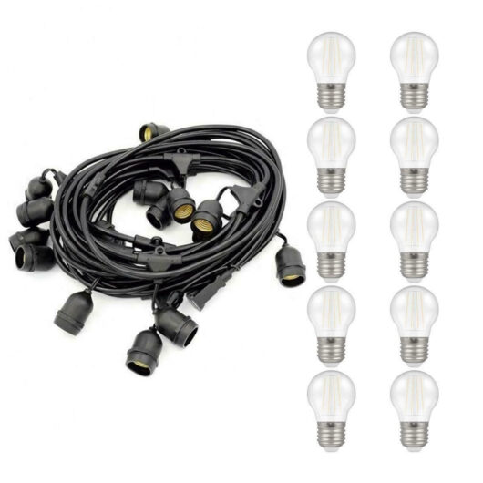 nxt gen Premium 10m Connectible Outdoor Festoon Lights 20x E27 Drop Sockets with White LED Golfball Light Bulbs